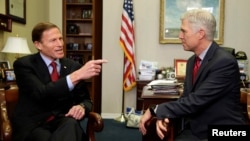 U.S. Supreme Court nominee Judge Neil Gorsuch, right, meets with Senator Richard Blumenthal, a Connecticut Democrat, on Capitol Hill in Washington, Feb. 8, 2017.