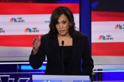 FILE - Democratic presidential hopeful U.S. Senator for California Kamala Harris speaks during the second Democratic primary debate of the 2020 presidential campaign at the Adrienne Arsht Center for the Performing Arts in Miami, June 27, 2019.