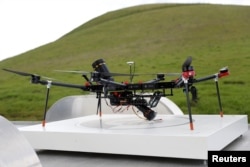 An Airspace Systems Interceptor autonomous aerial drone sits on its launchpad during a product demonstration in Castro Valley, California, March 6, 2017.