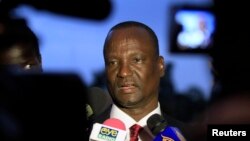 Head of the rebel delegation General Taban Deng Gai, addresses journalists during South Sudan's negotiations in Ethiopia's capital Addis Ababa, Jan. 8, 2014. 