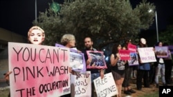 Supporters of the 'BDS', Boycott Divestment and Sanctions movement protest for lifting the Gaza blockade and to boycott the 2019 Eurovision Song Contest, outside the venue where the contest final will take place, in Tel Aviv, Israel, Saturday, May 18, 20