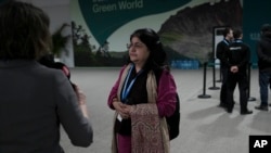 Chandni Raina, part of India's negotiating team, speaks to members of the media outside a closing plenary session at the COP29 U.N. Climate Summit in Baku, Azerbaijan, Nov. 24, 2024.
