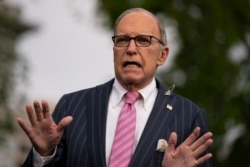 White House chief economic adviser Larry Kudlow talks to reporters at the White House, April 7, 2020.