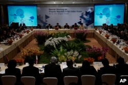 Representatives meet at the "Special Meeting on Irregular Migration in the Indian Ocean" regarding the Rohingya and Bangladeshi migrant crisis at a hotel in Bangkok, Thailand, Friday, May 29, 2015.