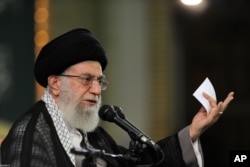 FILE - In this picture released by the official website of the office of the Iranian supreme leader, Supreme Leader Ayatollah Ali Khamenei delivers a speech during a meeting in Tehran, Aug. 17, 2015.