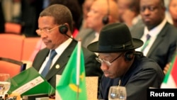 Nigeria's President Goodluck Jonathan (R) and his Tanzanian counterpart Jakaya Mrisho Kikwete are seen at one of the sessions marking the 50th anniversary of the African Union in Addis Ababa May 25, 2013.