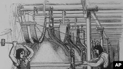 English Luddites smash an automated loom in protest against the new technology