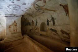 Drawings representing the funerary rituals are seen at Ancient Roman graves date back to the Roman period in Tripoli, Libya, Oct. 18, 2018.