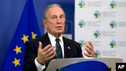 FILE - Michael Bloomberg, U.N. special envoy for cities and climate change, speaks to reporters at EU headquarters in Brussels about cities' cooperative efforts to combat climate change, June 22, 2016.