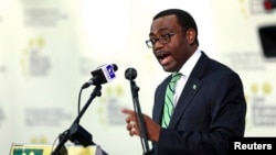 Nigeria's Minister of Agriculture Akinwunmi Adesina addresses the 19th Nigerian Economic Summit Group meeting in Abuja, Sept. 3, 2013.