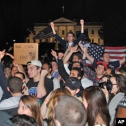 A crowd of mostly young Americans have gathered in front of the White House after President Obama's announcement of the death of Osama bin Laden, at 2:00am on Monday, May 02, 2011