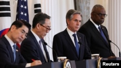 U.S. Secretary of State Antony Blinken and Defense Secretary Lloyd Austin hold a joint press conference with South Korean Foreign Minister Cho Tae-yul and Defense Minister Kim Yong-hyun at the State Department in Washington, Oct. 31, 2024.