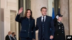 La vice-présidente américaine Kamala Harris et le président français Emmanuel Macron lors d'une réunion bilatérale à l'Élysée à Paris, le 10 novembre 2021.