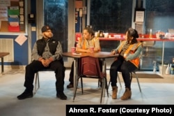 Jason Dirden as Dez, Lynda Gravatt as Faye, Nikiya Mathis as Shanita in a scene from Skeleton Crew.