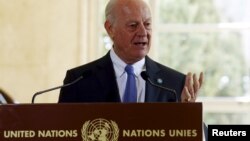 U.N. mediator for Syria Staffan de Mistura speaks to media after a new round of negotiations on the Syria conflict at the European headquarters of the United Nations in Geneva, Switzerland, March 14, 2016.