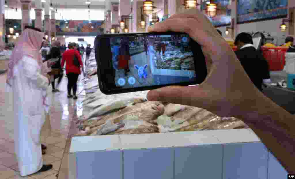 A gamer uses the Pokemon Go application on his mobile in the main fish market in Kuwait City, Kuwait.