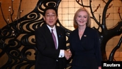 英國新首相卓慧思2022年9月20日在紐約出席聯合國大會期間會見日本首相岸田文雄。（媒體聯訪照片）