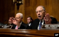 Senate Judiciary Chairman Chuck Grassley, R-Iowa., talks during a Senate Judiciary Committee hearing with Christine Blasey Ford, Sept. 27, 2018 on Capitol Hill in Washington.