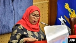FILE - Tanzania's new President Samia Suluhu Hassan addresses the national assembly at the Parliament in Dodoma, Tanzania, on April 22, 2021. 