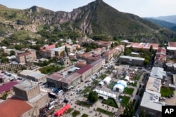 An aerial view of Goris, Armenia, with the tent camp for ethnic Armenians from Nagorno-Karabakh arriving in the Syunik region on Sept. 29, 2023.