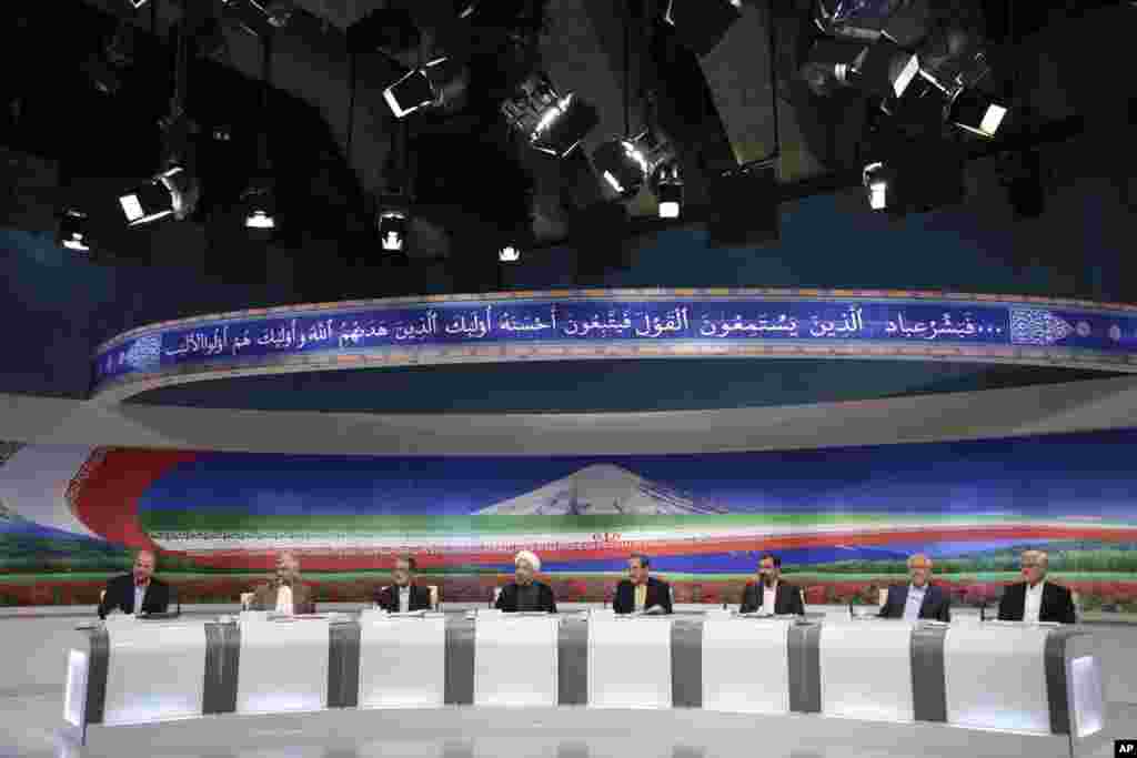 This photo released by the Islamic Republic of Iran Broadcasting shows presidential candidates taking part in a televised debate, Tehran, iran, June 7, 2013.