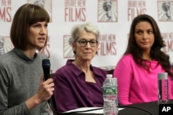 Rachel Crooks, left, Jessica Leeds, center, and Samantha Holvey attend a news conference, Dec. 11, 2017, in New York, to discuss their accusations of sexual misconduct against Donald Trump.