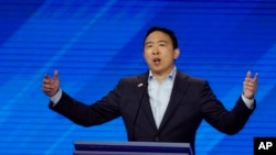 Democratic presidential candidate entrepreneur Andrew Yang speaks, Sept. 12, 2019, during a Democratic presidential primary debate hosted by ABC at Texas Southern University in Houston.