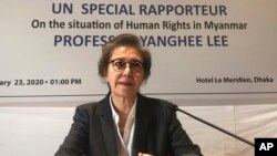 FILE - U.N. Special Rapporteur Yanghee Lee speaks during a press conference in Dhaka, Bangladesh, Jan. 23, 2020. 