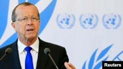 Martin Kobler, head of the U.N. Support Mission in Libya, talks to reporters after his address to the 33rd Human Rights Council at the United Nations in Geneva, Sept. 27, 2016.