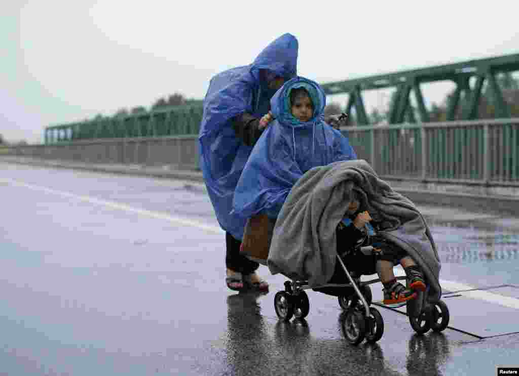 A migrant woman pushes her children&#39;s pram as they walk in the rain towards the Hungarian border from Botovo, Croatia.