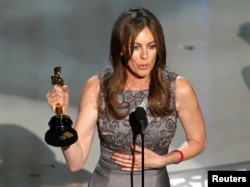 FILE - Kathryn Bigelow, director of "The Hurt Locker," speaks after winning best director during the 82nd Academy Awards in Hollywood, March 7, 2010.