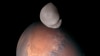This composite image provided by the UAE Space Agency shows Mars’ moon Deimos in the foreground. The colors were derived from images captured in different wavelengths.