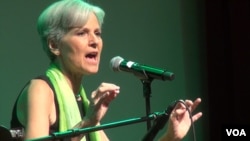 FILE - Jill Stein, the Green Party's presidential nominee, addresses supporters in August. (G. Flakus/VOA)