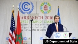 U.S. Secretary of State John Kerry delivers remarks at the 22nd UN Framework Convention on Climate Change Conference of Parties (COP22) in Marrakech, Morocco, Nov. 16, 2016.