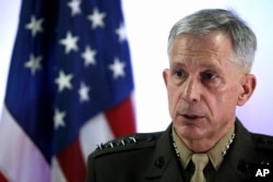 U.S. Marine Corps General Thomas Waldhauser holds a news conference at Camp Lemonnier in Ambouli, Djibouti, April 23, 2017.