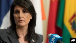 FILE - American Ambassador to the United Nations Nikki Haley speaks to reporters at United Nations headquarters, Jan. 2, 2018. 
