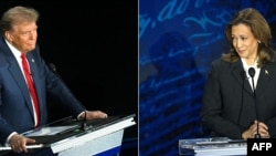 FILE - This combination of pictures created on September 10, 2024, shows former U.S. President and Republican presidential candidate Donald Trump and U.S. Vice President and Democratic presidential candidate Kamala Harris participating in a presidential debate.