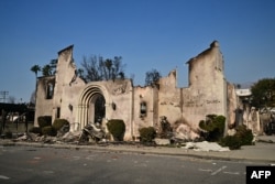 The Altadena Community Church lies in ruin, destroyed by the Eaton Fire in Altadena, California, on Jan. 10, 2025.