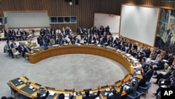 United Nations Security Council diplomats vote on a resolution during a meeting on Libya at U.N. headquarters in New York, Feb 26 2011