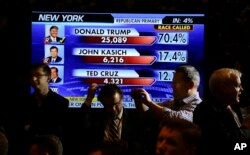 Members of the media await the arrival of Republican presidential candidate Donald Trump to a New York primary night event, April 19, 2016, in New York.