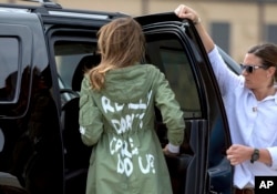 First lady Melania Trump arrives at Andrews Air Force Base, Maryland, June 21, 2018, after visiting the Upbring New Hope Children Center in McAllen, Texas. The first lady's team insisted that there was no hidden meaning behind the wording on the back of her jacket.