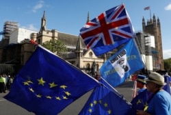 FILE - Anti-Brexit protesters hold flags outside the Houses of Parliament in London, Britain, Sept. 25, 2019.