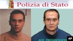 Una combinación de imágenes muestra una foto generada por computadora y publicada por la policía italiana, a la derecha, junto a una anterior del capo de la mafia Matteo Messina Denaro.