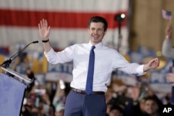 FILE - South Bend Mayor Pete Buttigieg announces that he will seek the Democratic presidential nomination during a rally in South Bend, Ind., April 14, 2019.