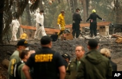 Investigators recover human remains at a home burned in the Camp Fire, Nov. 15, 2018, in Magalia, Calif.