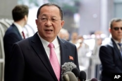 FILE - North Korea's Foreign Minister Ri Yong Ho speaks outside the U.N. Plaza Hotel, in New York, Sept. 25, 2017.