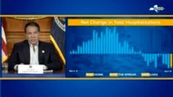 Esta imagen proveída por la oficina del Gobernador del Estado de Nueva York muestra al gobernador Andrew Cuomo en una conferencia de prensa en Albany, Nueva York, el 25 de abril del 2020.