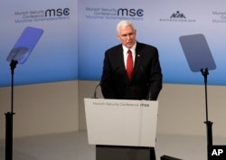 U.S. President Mike Pence speaks during the Munich Security Conference in Munich, Germany, Feb. 18, 2017. The annual weekend gathering is known for providing an open and informal platform to meet in close quarters.