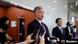 FILE - U.S. Deputy Secretary of State Stephen Biegun speaks to the media in Seoul, South Korea, July 8, 2020. 