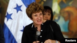 FILE - United Nation Deputy High Commissioner for Human Rights Kate Gilmore during a news conference at the presidential palace in Tegucigalpa, Honduras, Nov. 23, 2016. 